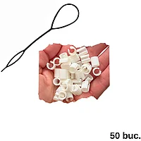 Set 50 Inele Par albe + Aplicator inele, Model Macaroana, 1x0.6cm, PLA- Biodegradabil Fabricat pe Baza de Plante, Accesorii Păr Moderne, Decorațiuni păr, Inele pentru dreadlocks, Inele pentru împletituri, Fabricat în România
