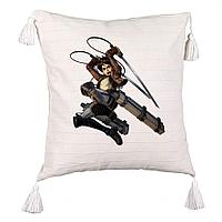 Perna Decorativa cu Franjuri cu Attack on Titan Eren Yeager, 45x45 cm, Ecru, Cu fermoar