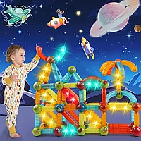 Set de constructie 3D, 52 elemente magnetice luminate LED, culori inspirate din galaxie, pentru copii 3+ ani
