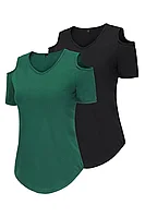 Set 2 tricouri dama, decolteu in V, decupaj la umeri, verde negru, marimea S, DOTIN