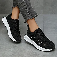 Sneakers cu dantela si perle decorative, Negru - 41
