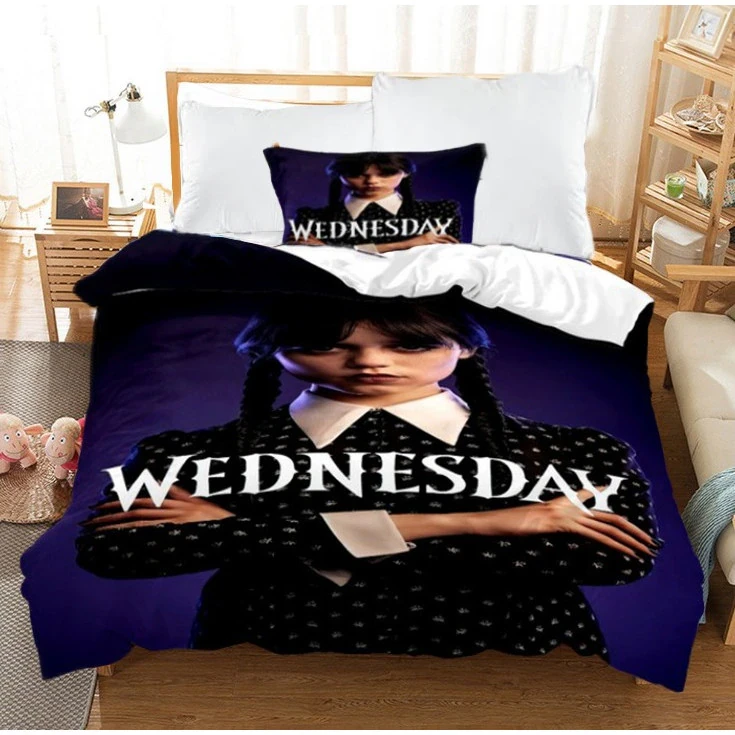 Lenjerie de pat pentru copii si adolescenti Wednesday Addams logo, 2 piese, 140/200 cm - foto 1 - id-p104876749
