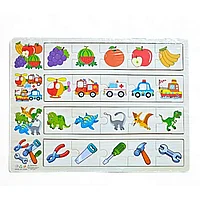 Plansa cu 4 categorii de puzzle de asociere din lemn model fructe, vehicule, dinozauri, unelte