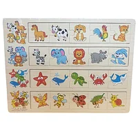 Plansa cu 4 categorii de puzzle de asociere din lemn model animale domestice, salbatice, marine si insecte