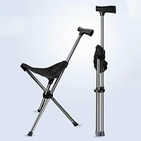 Baston de sprijin cu scaunel pliabil, din metal, plastic si textil, cu 3 picioare, multifunctional, baza