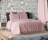 Set Lenjerie + Cuvertura de lux Matlasata cu broderie Eleganta 6 piese Roz Pudra