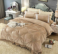 Lenjerie pat dublu, Catifea Deluxe, cu pliuri brodate, 4 piese, Bej, RL-LCJ-3
