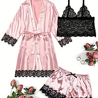 Set 3 piese Pijama Satinata, marime S, culoare Roz