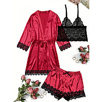 Set 3 piese Pijama Satinata, marime L, culoare Rosu