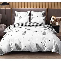 Lenjerie de Pat, Cearsaf cu Elastic, Bumbac Satinat, 2 Persoane, 4 Piese, Imprimeu Pene, 180x200cm, Alb-Negru