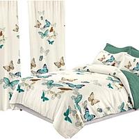 Set Dormitor Elegant, Lenjerie si Draperii, 8 piese, Finet, Imprimeu Fluturi, Multicolor