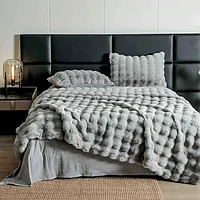 Lenjerie de pat dublu, Jojo Home, Blana de Iepure Artificiala, Uni, 6 piese, 2 persoane, 230x250cm, Gri