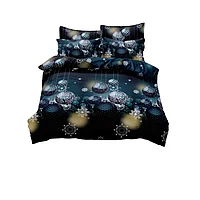 Lenjerie de pat, Jojo Home, Cearsaf cu Elastic, Finet, 2 persoane, 6 piese, Globuri Alb-Albastru, 230x240cm,