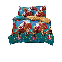 Lenjerie de pat, Jojo Home, Cearsaf cu Elastic, Finet, 2 persoane, 6 piese, Sania lui Mos Craciun, 230x240cm,