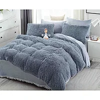 Lenjerie de pat, Jojo Home, Fluffy, 2 persoane, 6 piese, Uni, 230x250cm, Gri Albastrui