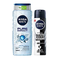 Pachet Nivea Men: Gel de dus Pure Impact, 500 ml + Deodorant spray Black & White Invisible, 150 ml