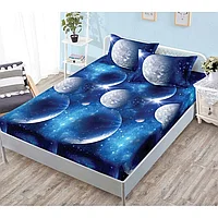 Husa de Pat, cu Elastic, 3 Piese, Finet, 180x200cm, Imprimeu Planete, Bleumarin-Gri