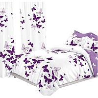Set Dormitor Elegant, Lenjerie si Draperii, 8 piese, Finet, Imprimeu Fluturi Mov, Alb-Mov