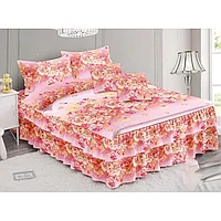 Lenjerie de pat dublu, cearsaf cu volanase, Primavara, imprimeu Flori Roz, 6 piese, 2 persoane, Finet,