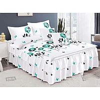 Lenjerie de pat dublu, cearsaf cu volanase, Primavara, Flori Verde Pastel, 6 piese, 2 persoane, Finet,