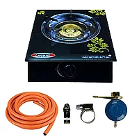 Set aragaz sticla un ochi cu aprindere pe quartz, 2 m de furtun gaz cu insertie, reductor cu cheie si 2