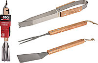 Set ustensile BBQ din inox si lemn, 3 piese , cleste, furculita si paleta pentru gratar