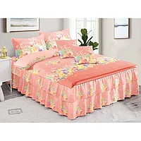 Lenjerie de pat dublu, cearsaf cu volanase, Primavara, Flori Multicolore, 6 piese, 2 persoane, Finet,
