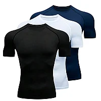 Set 3 tricouri de compresie - Slim Fit, Negru Alb Albastru - L Albastru inchis, L INTL