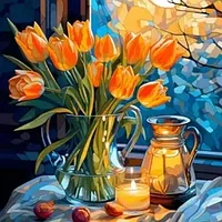 Pictura pe panza numerotata 40x50 cm, vopsea acrilica, pensule, suporti atarnare, Lalele portocalii