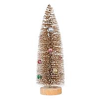 Brad Decorativ Crăciun, Bej, Nins, Globuri Glitter, 25cm, Bază Lemn