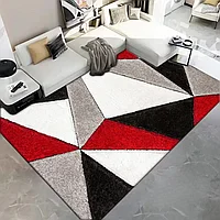 Covor geometric cu model abstract, cu triunghiuri, Rosu Gri