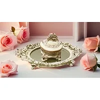 Set Caseta Bijuterii si Tavita cu Oglinda Design Baroc Vintage, Alb Antic