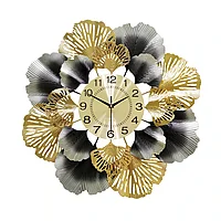 Ceas de perete floral cu frunze de ginkgo, luxury, din metal 65x65 cm