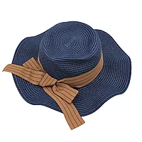 Pălărie plajă damă albastră cu fundă maro