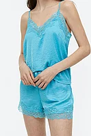 Pijama 2 piese din satin moale, cu dantela, poliester, turcoaz, M intl