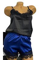 Pijama 2 piese satin si dantela, negru si bleumarin, S INTL