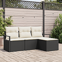 Set Canapea cu 4 Piese Perne Negru Ratan Poli