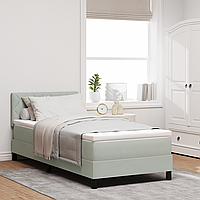 Pat box spring cu saltea, gri deschis, single, catifea