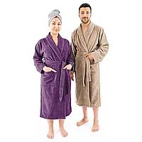 Set 2 halate de baie, calitate premium, pentru El si Ea, 100% bumbac, Lila/Bej, Femeie marimea 2XL, Barbat
