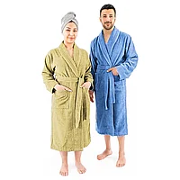 Set 2 halate de baie, calitate premium, pentru El si Ea, 100% bumbac, Bej/Albastru, Femeie marimea 2XL, Barbat