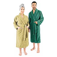 Set 2 halate de baie, calitate premium, pentru El si Ea, 100% bumbac, Bej/Verde, Femeie marimea 2XL, Barbat