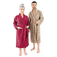 Set 2 halate de baie, calitate premium, pentru El si Ea, 100% bumbac, Rosu/Bej, Femeie marimea XL, Barbat
