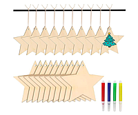 Set 36 ornamente brad din lemn GoldRock , stele decupate, 4 markere, sfoara iuta