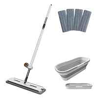 Set mop plat, Razo, storcator atasat, galeata pliabila cu roti, 4 lavete din microfibra incluse, Alb/Gri, 8