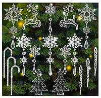 Set 36 fulgi de zapada decorativi reutilizabili , plastic alb, modele diferite, detasabili
