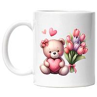 Cana alba personalizata,un ursulet de plus, inima,funda,buchet cu flori,lalele,iubire,cadou,INOVATIX®. 330ml