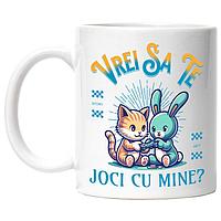 Cana alba personalizata,Pereche Animale Pisica Portocalie Iepure Vrei Sa Te Joci Cu Mine,Desene