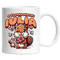 Cana alba personalizata,Castor Romantic Cuplu Fericit O Floare Pentru Iulia Dragobete Valentine's