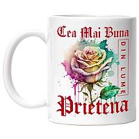 Cana alba personalizata,Cea Mai Buna Prietena,Din Lume,Floare,Trandafir Colorat,Watercolor,Pictura pe