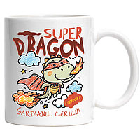 Cana alba personalizata,Dragon Desenat Copii Cu Pelerina Si masca De Super Erou Flacari Super Dragon